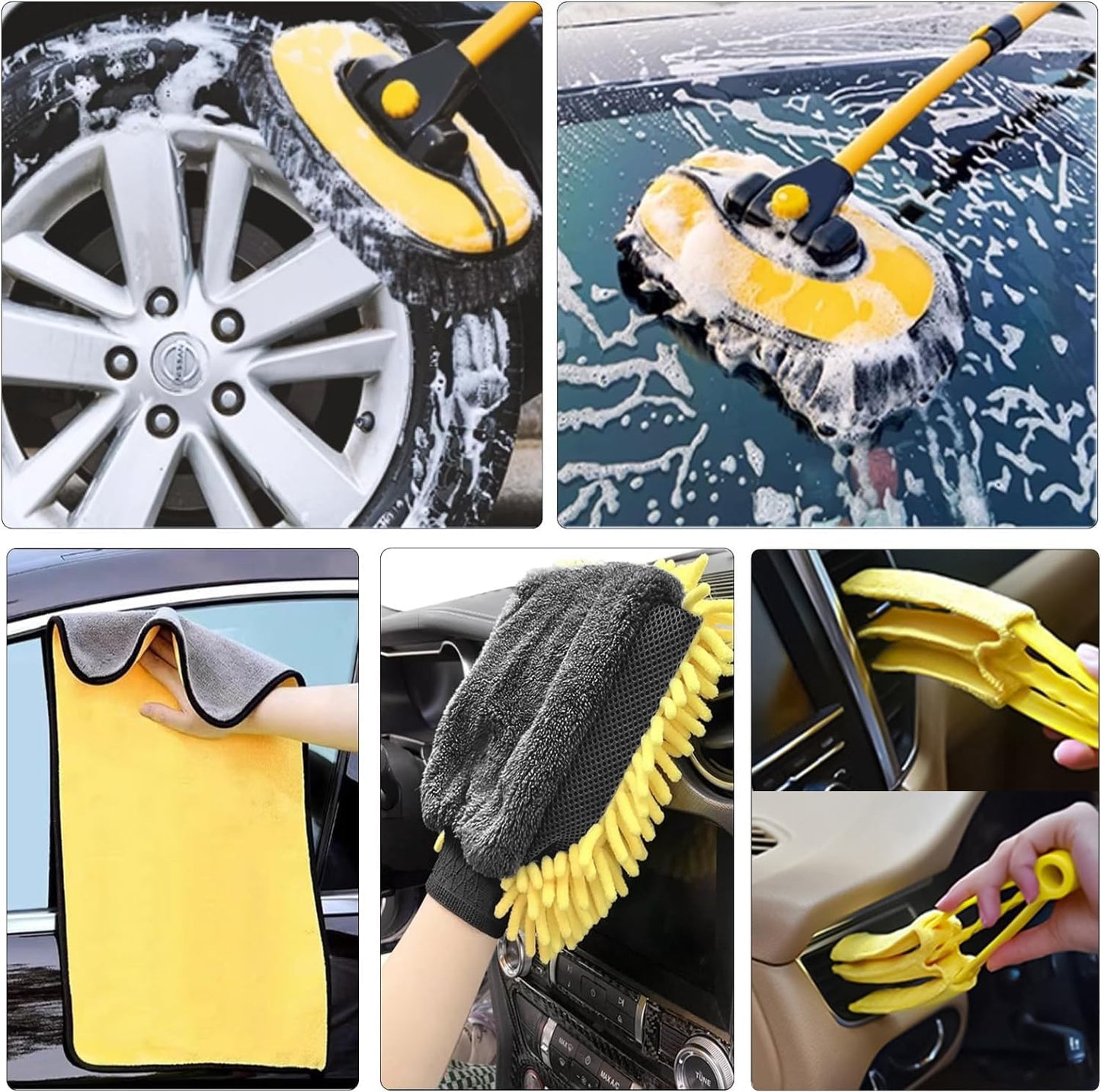 Car Wash Brush with Long Handle, 55 Inch Car Wash Mop Car Wash Kit Mitt Retractable Bent Pole Car Wash Brush for Cars RV Truck Boat