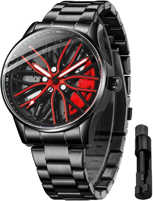 Mens Wrist Watch Creative 3D Spinning Car Wheel Rotating Watches Rim Hub Design Fashion Quartz Stylish Wristwatch with Stainless Steel Strap Gifts for Car Enthusiasts