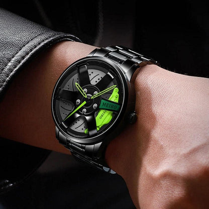 Men Waterproof Sports Watch Car Wheel Watches 3D Hollow Wheel Design Stainless Steel Watch(Red)