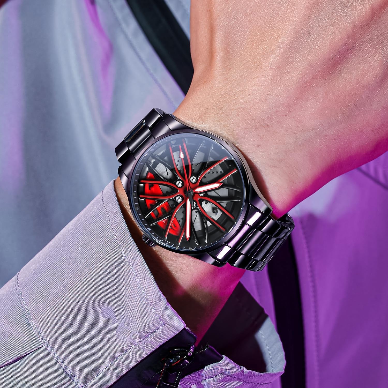 Mens Wrist Watch Creative 3D Spinning Car Wheel Rotating Watches Rim Hub Design Fashion Quartz Stylish Wristwatch with Stainless Steel Strap Gifts for Car Enthusiasts
