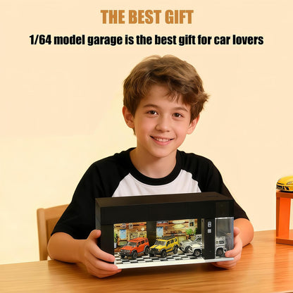 Storage for Hot Wheels 1/64 Scale Toy Car Display Case Stackable Parking Garage with Lights and Electric Voice-Control 3 Replaceable 3D Scene Dioramas (Brown)