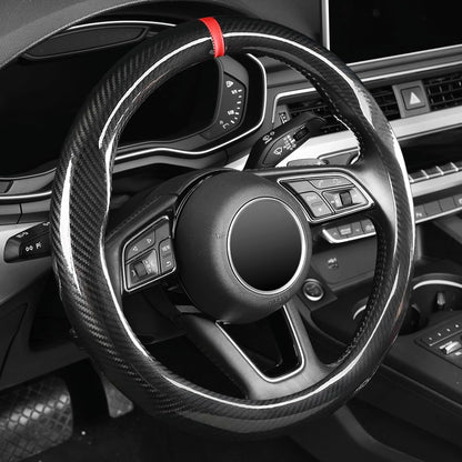 Carbon Fiber Steering Wheel Cover, Universal 15 Inch, Breathable, Anti-Slip, Warm in Winter and Cool in Summer, Black