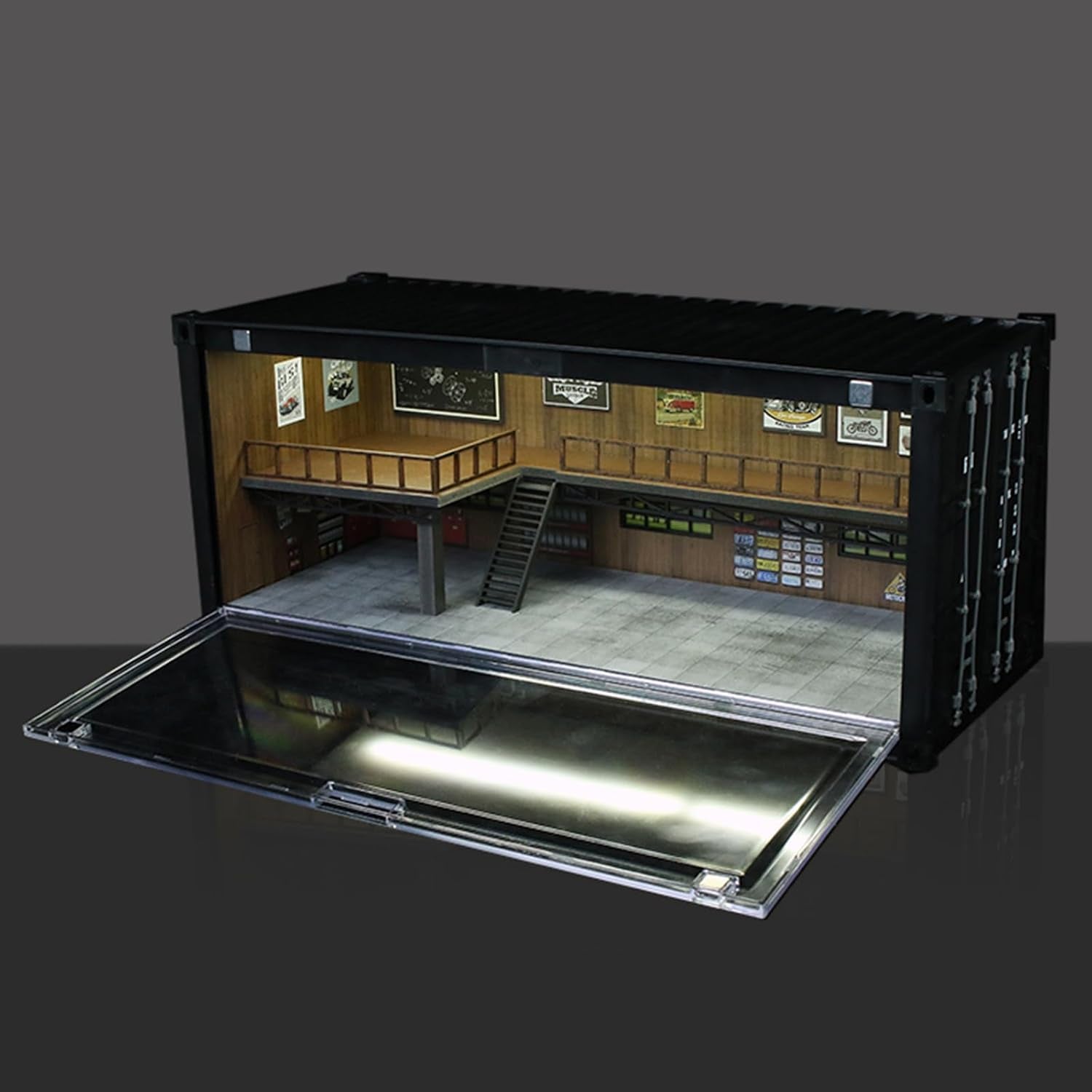 1/64 Scale Display Case with LED Light – Container Box Style Garage Diorama Compatible with Hot Wheels Matchbox Mini GT Diecast Cars, for Model Car Display and Storage Stackable