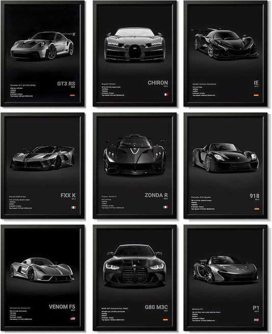Car Poster Vintage Racing Car Wall Art Supercar Canvas Prints Painting for Men Room Pictures Guys Dorm Room Aesthetics Decor Bedroom Office (Unframed,8×10Inch,9Pcs) Black