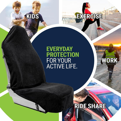 Towel Seat Cover, Waterproof Car Seat Protectors for Gym, Workout & Active Lifestyle, Universal Fit for Car SUV Truck Van, Non-Slip 3 Strap Design, Machine Washable, 2 Pack Black