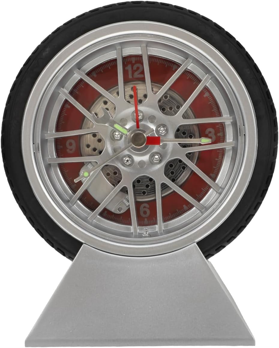 Car Tire Desk Clock with Stand Unique Tire Rim Design Compact 4.52X3.93X2.55In Quartz Movement for Bedroom Living Room Office Decor