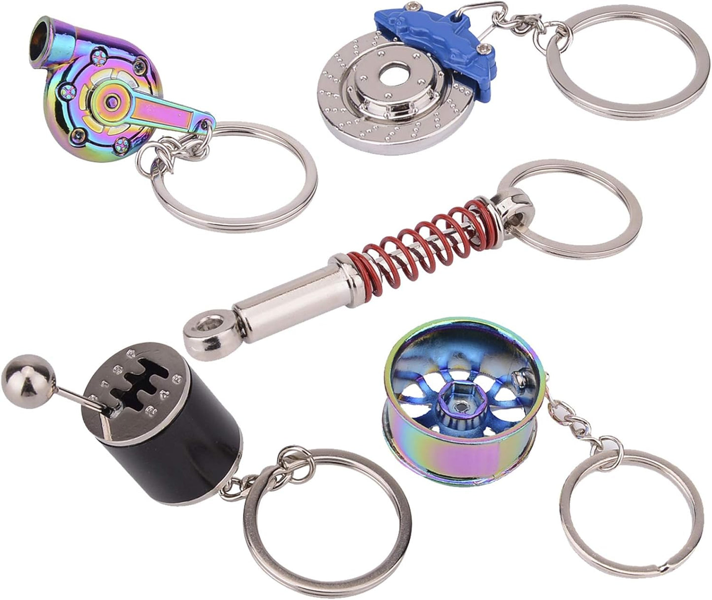 5 Pcs Car Parts Model Key Chains, Colorful Turbo Keychain, Black Manual Gearbox Keychain, Colorful Tire Rim Key Chain, Blue Brake Rotor Key Chain, Red Spring Shock-Absorber Keychains