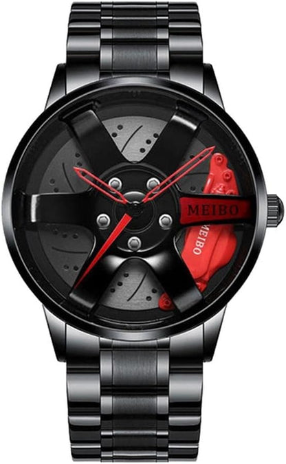 Men Waterproof Sports Watch Car Wheel Watches 3D Hollow Wheel Design Stainless Steel Watch(Red)