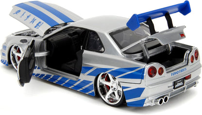 Toys Fast & Furious Brian’S 2002 Nissan Skyline R34 Die-Cast Car, 1:24 Scale, Silver & Blue