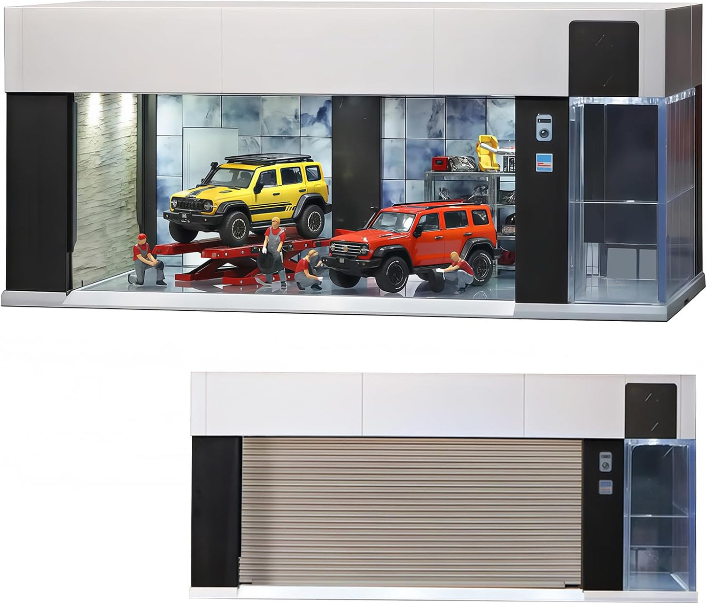 Storage for Hot Wheels 1/64 Scale Toy Car Display Case Stackable Parking Garage with Lights and Electric Voice-Control 3 Replaceable 3D Scene Dioramas (Brown)
