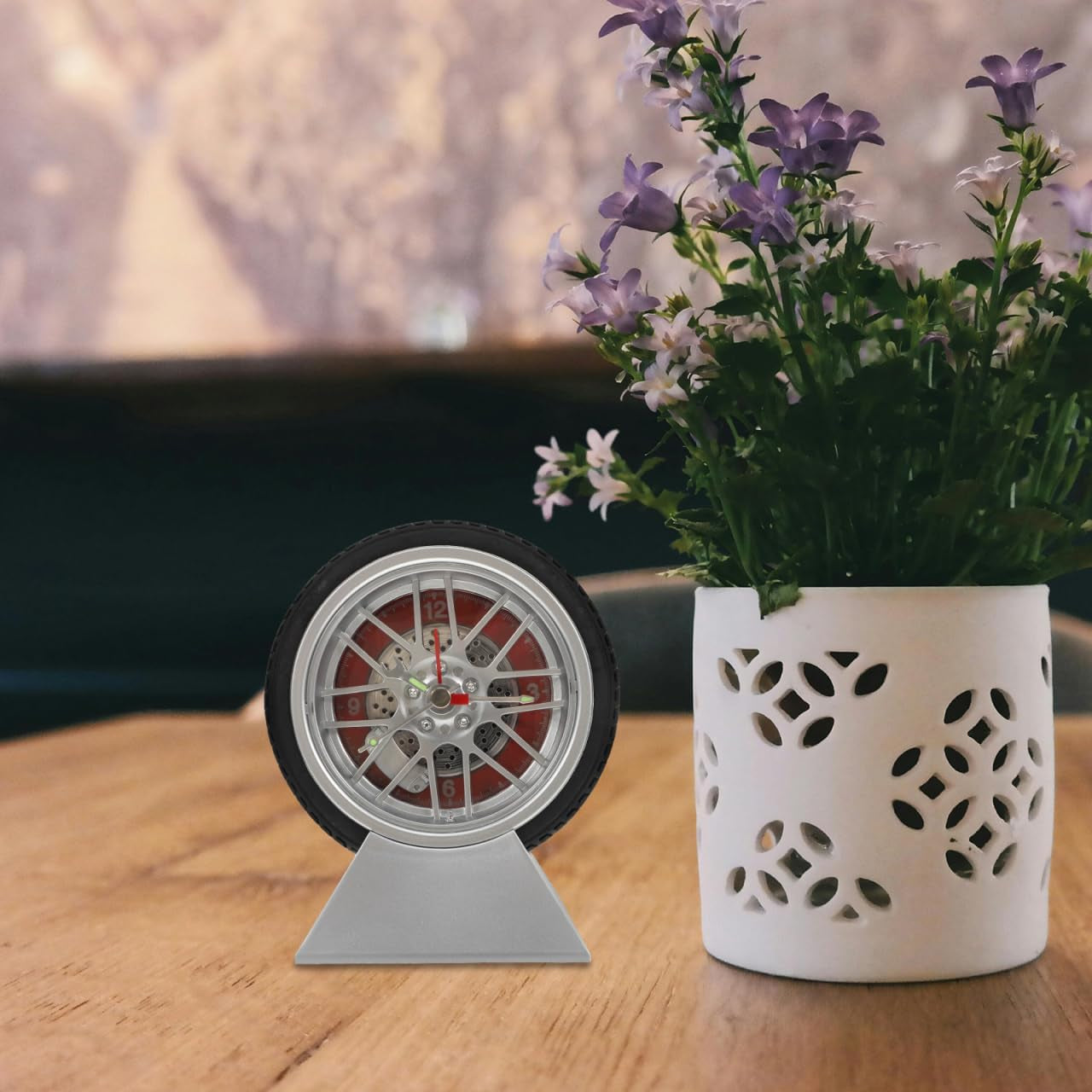 Car Tire Desk Clock with Stand Unique Tire Rim Design Compact 4.52X3.93X2.55In Quartz Movement for Bedroom Living Room Office Decor