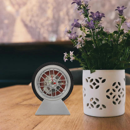 Car Tire Desk Clock with Stand Unique Tire Rim Design Compact 4.52X3.93X2.55In Quartz Movement for Bedroom Living Room Office Decor
