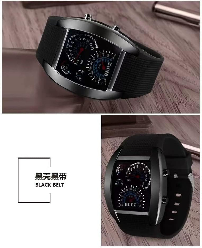 Unique Cool Creative Fashion Simulate Car Dashboard LED Display Men Sport Wristwatches Rubber Watch Band