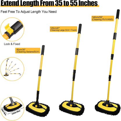 Car Wash Brush with Long Handle, 55 Inch Car Wash Mop Car Wash Kit Mitt Retractable Bent Pole Car Wash Brush for Cars RV Truck Boat