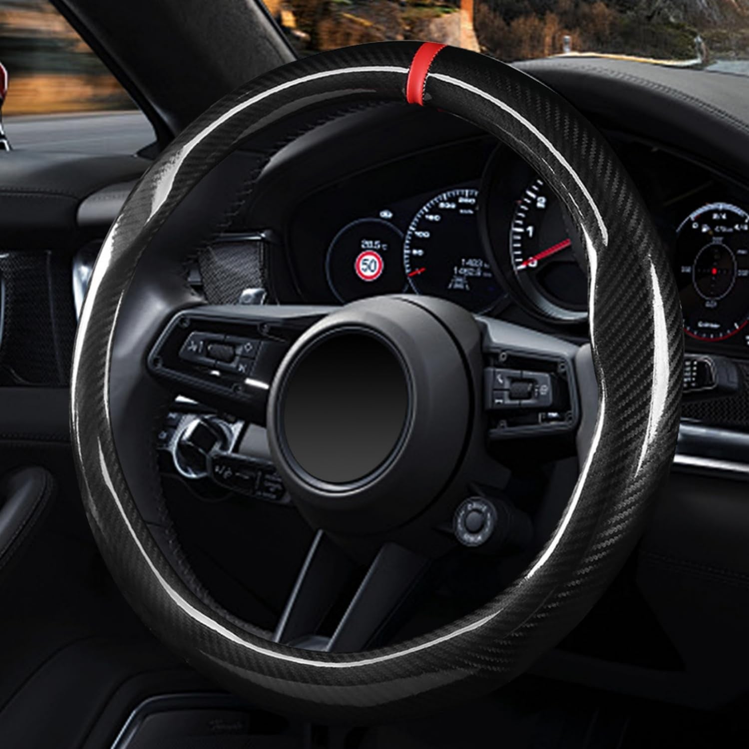 Carbon Fiber Steering Wheel Cover, Universal 15 Inch, Breathable, Anti-Slip, Warm in Winter and Cool in Summer, Black