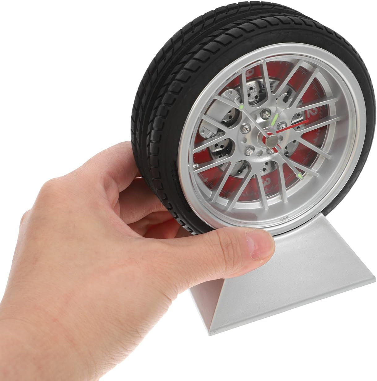 Car Tire Desk Clock with Stand Unique Tire Rim Design Compact 4.52X3.93X2.55In Quartz Movement for Bedroom Living Room Office Decor