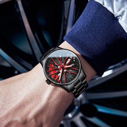 Mens Wrist Watch Creative 3D Spinning Car Wheel Rotating Watches Rim Hub Design Fashion Quartz Stylish Wristwatch with Stainless Steel Strap Gifts for Car Enthusiasts