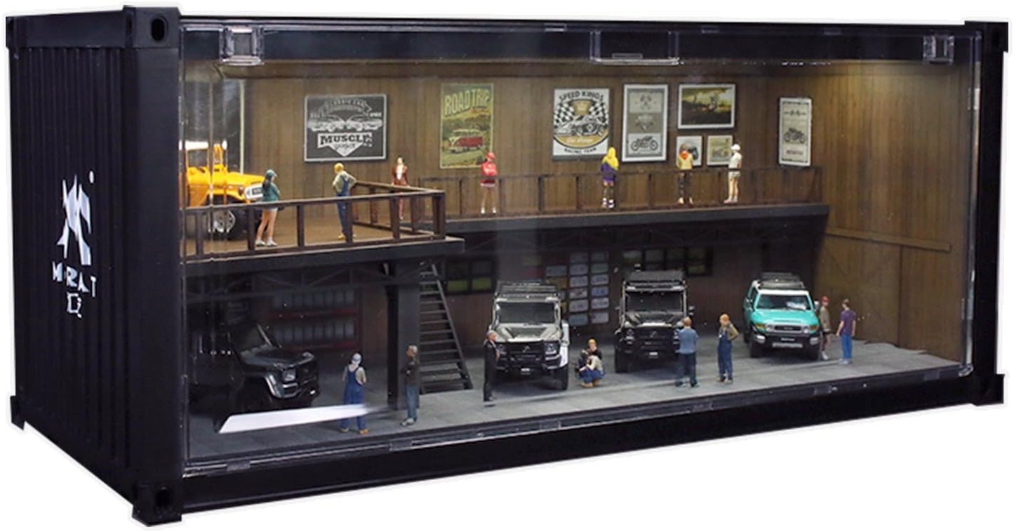1/64 Scale Display Case with LED Light – Container Box Style Garage Diorama Compatible with Hot Wheels Matchbox Mini GT Diecast Cars, for Model Car Display and Storage Stackable