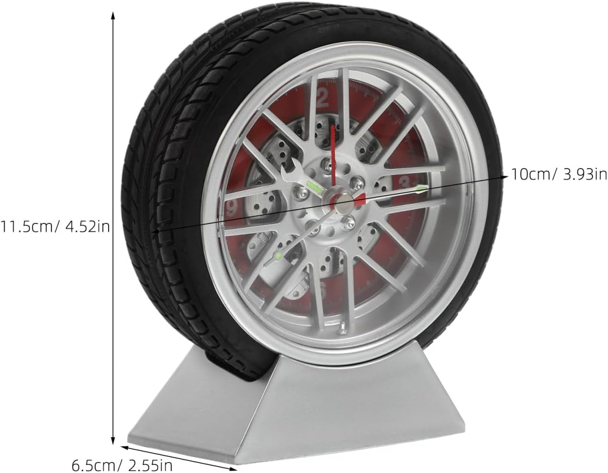 Car Tire Desk Clock with Stand Unique Tire Rim Design Compact 4.52X3.93X2.55In Quartz Movement for Bedroom Living Room Office Decor