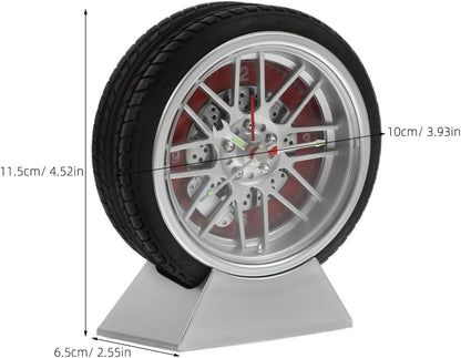 Car Tire Desk Clock with Stand Unique Tire Rim Design Compact 4.52X3.93X2.55In Quartz Movement for Bedroom Living Room Office Decor