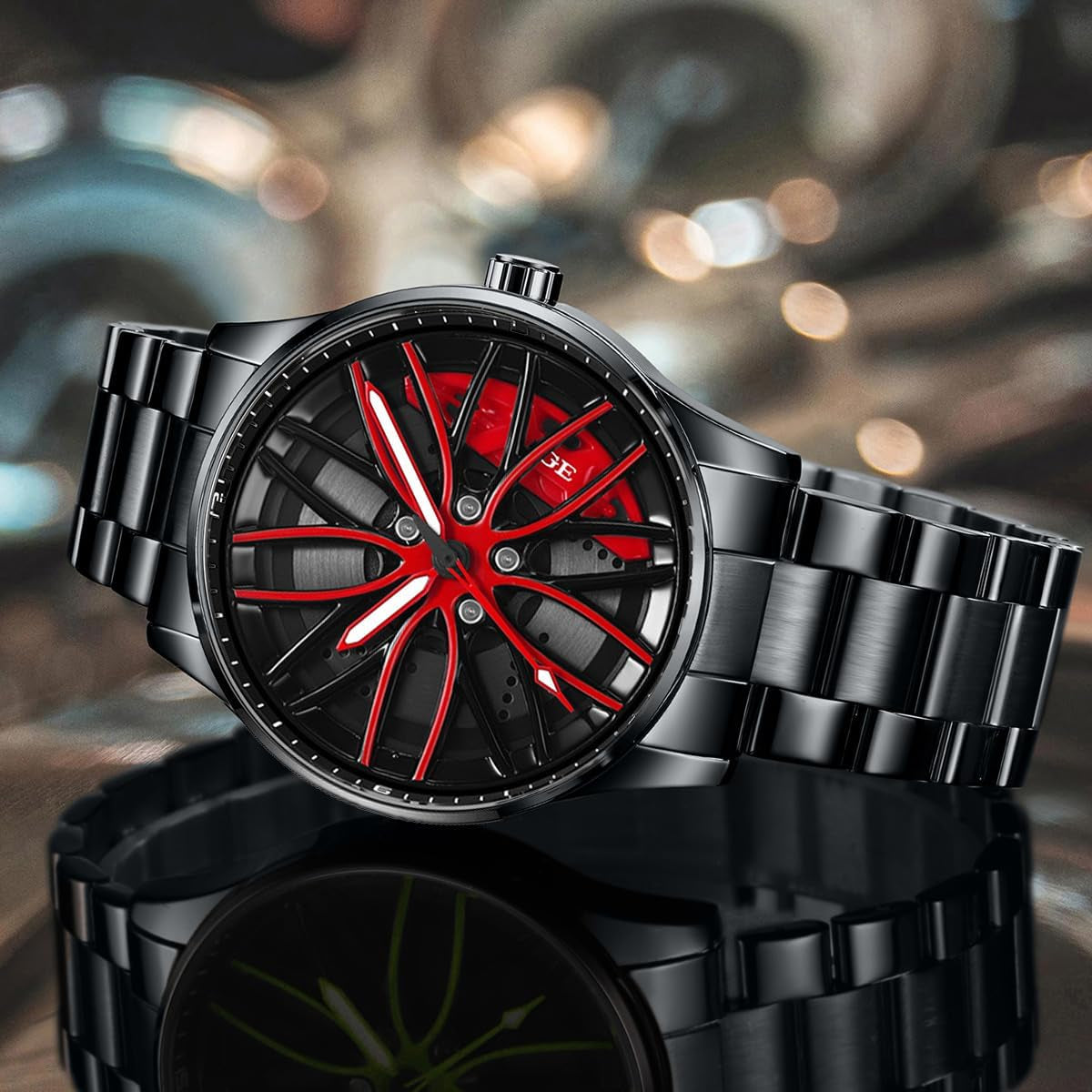 Mens Wrist Watch Creative 3D Spinning Car Wheel Rotating Watches Rim Hub Design Fashion Quartz Stylish Wristwatch with Stainless Steel Strap Gifts for Car Enthusiasts