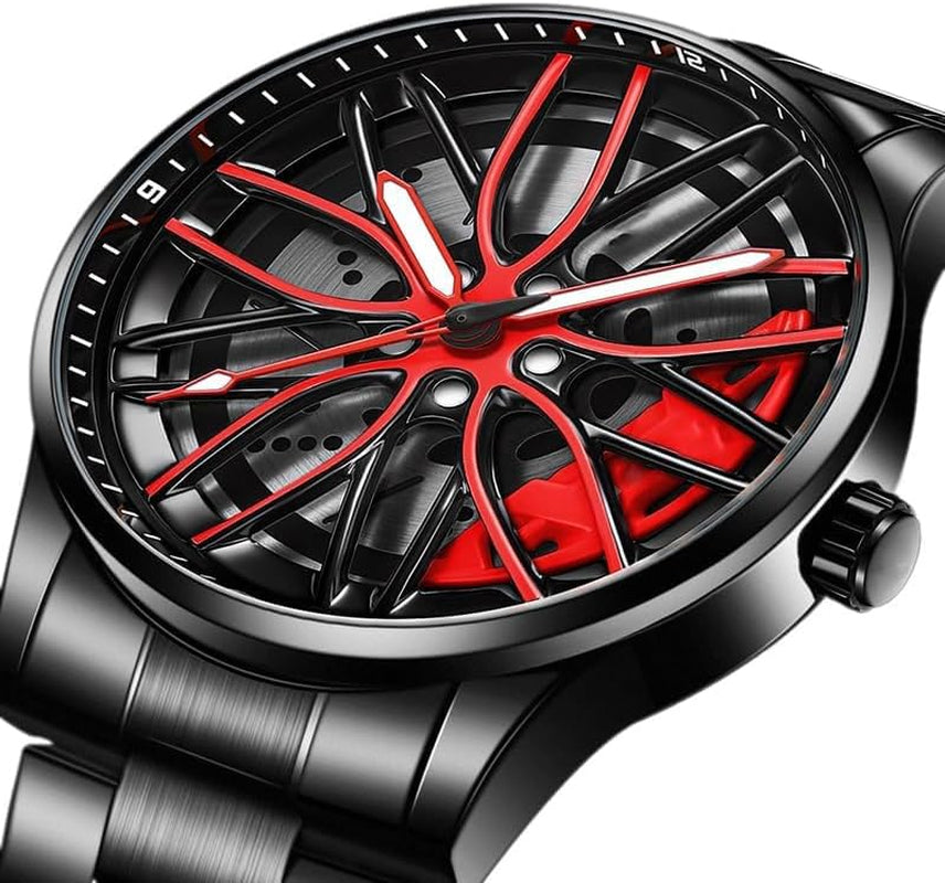 Mens Wrist Watch Creative 3D Spinning Car Wheel Rotating Watches Rim Hub Design Fashion Quartz Stylish Wristwatch with Stainless Steel Strap Gifts for Car Enthusiasts