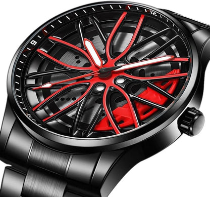 Mens Wrist Watch Creative 3D Spinning Car Wheel Rotating Watches Rim Hub Design Fashion Quartz Stylish Wristwatch with Stainless Steel Strap Gifts for Car Enthusiasts