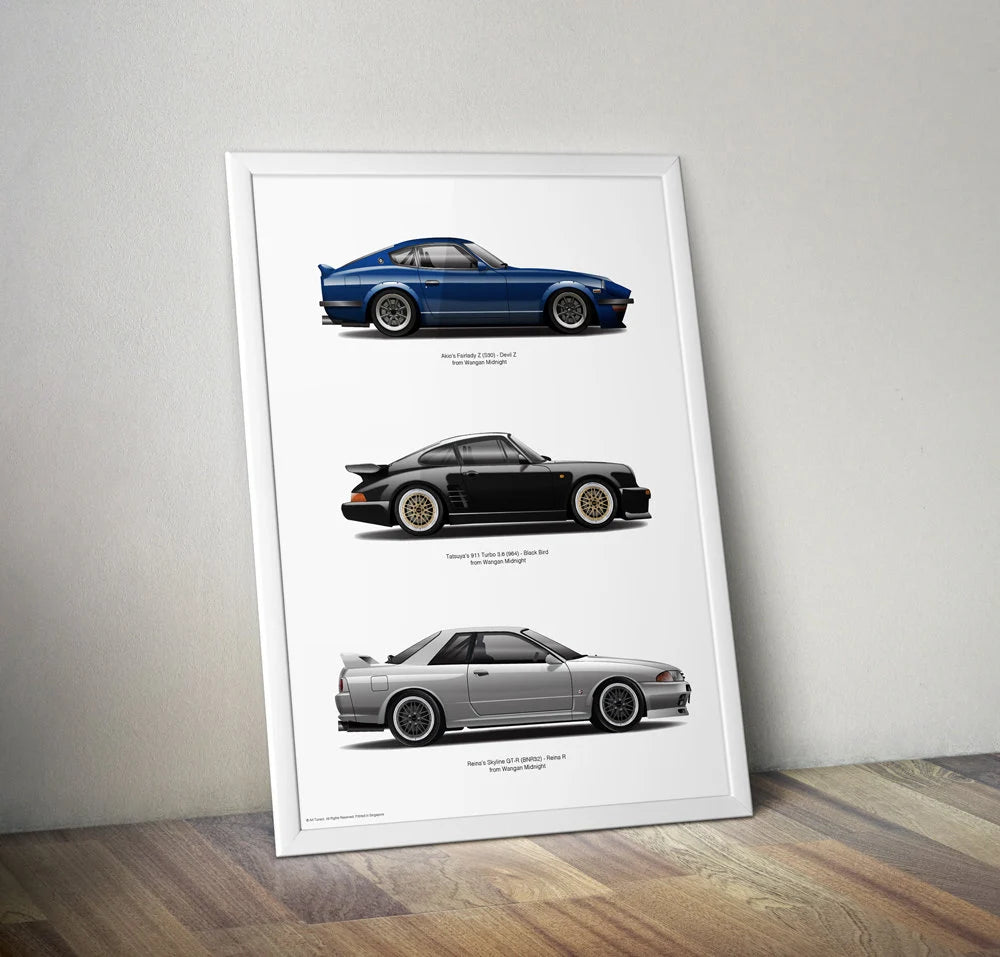 Wangan Midnight Car Art Print: Fairlady Z, Black Bird 911, Skyline GT-R