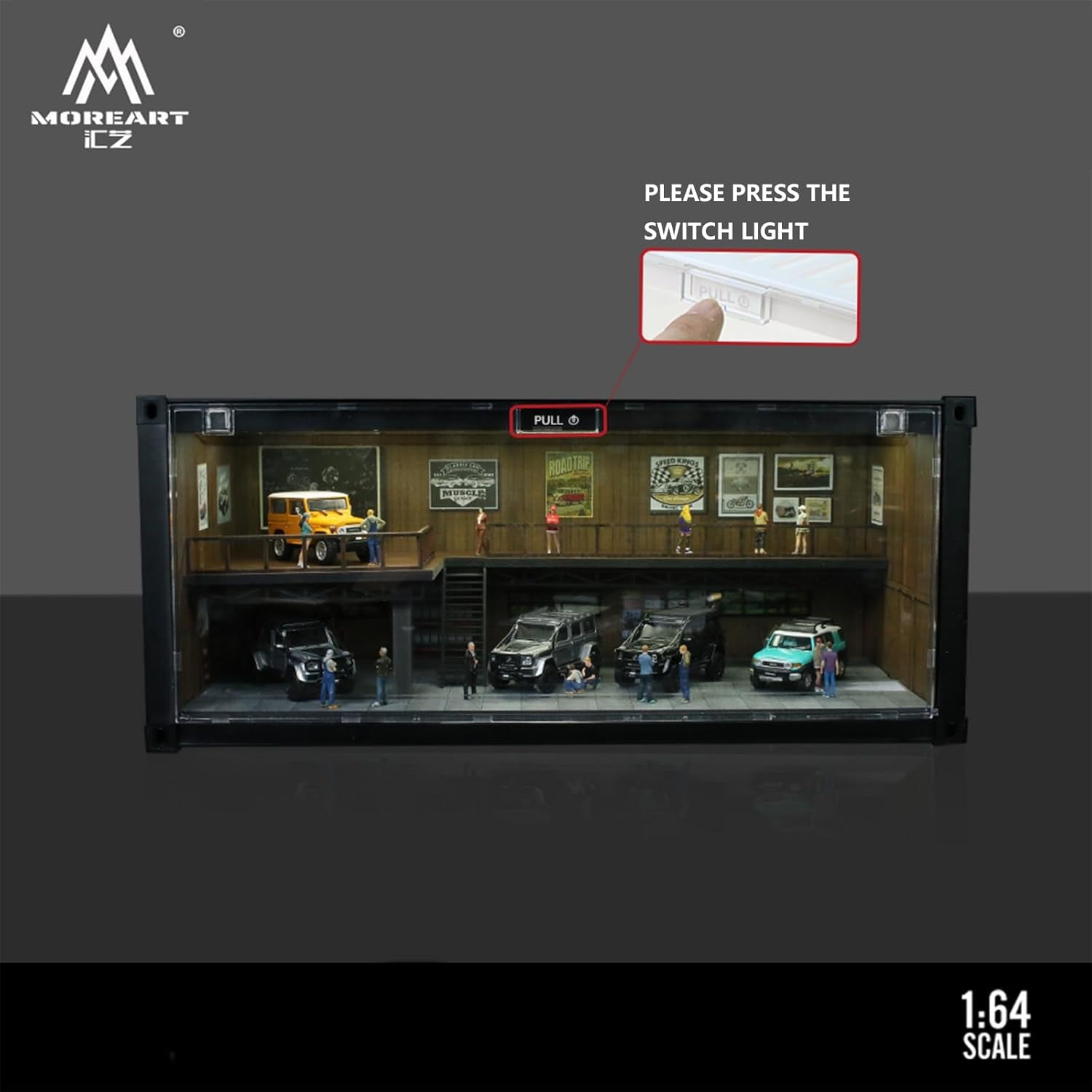 1/64 Scale Display Case with LED Light – Container Box Style Garage Diorama Compatible with Hot Wheels Matchbox Mini GT Diecast Cars, for Model Car Display and Storage Stackable