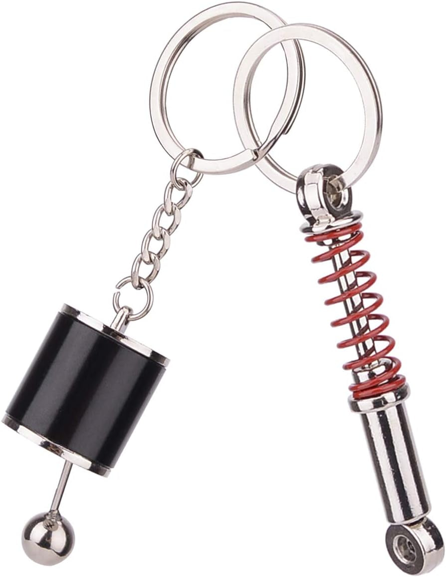 5 Pcs Car Parts Model Key Chains, Colorful Turbo Keychain, Black Manual Gearbox Keychain, Colorful Tire Rim Key Chain, Blue Brake Rotor Key Chain, Red Spring Shock-Absorber Keychains