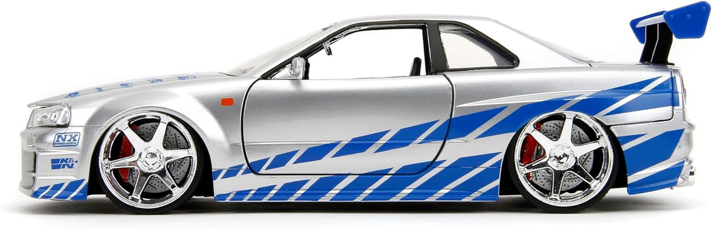 Toys Fast & Furious Brian’S 2002 Nissan Skyline R34 Die-Cast Car, 1:24 Scale, Silver & Blue