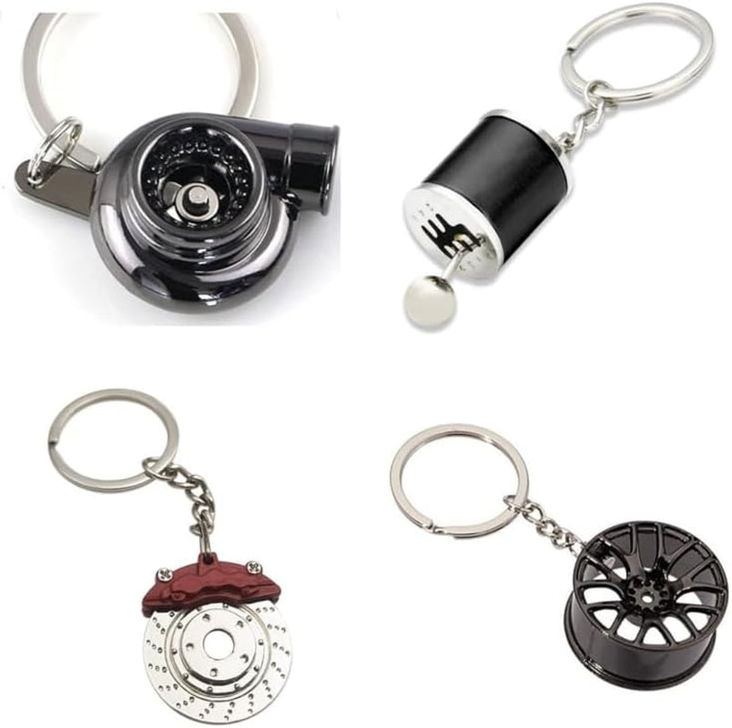 (4Pcs) Car Lovers Key Chain Set - Manual Gear Shifter Whee Rim Turbo Brake Disc Keychain Automotive Accessories Auto Vehicle Enthusiast Gift Set Car Truck Bike Car Parts Keyring, Black