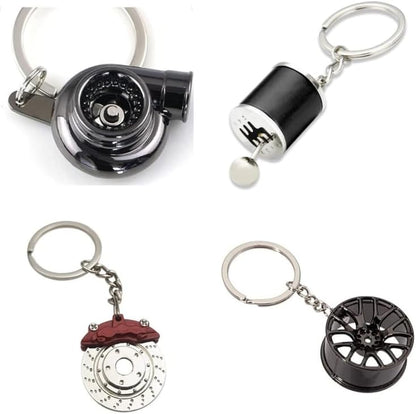 (4Pcs) Car Lovers Key Chain Set - Manual Gear Shifter Whee Rim Turbo Brake Disc Keychain Automotive Accessories Auto Vehicle Enthusiast Gift Set Car Truck Bike Car Parts Keyring, Black