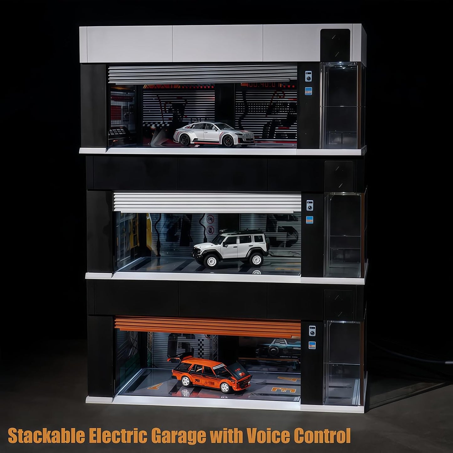 Storage for Hot Wheels 1/64 Scale Toy Car Display Case Stackable Parking Garage with Lights and Electric Voice-Control 3 Replaceable 3D Scene Dioramas (Brown)
