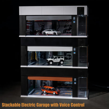 Storage for Hot Wheels 1/64 Scale Toy Car Display Case Stackable Parking Garage with Lights and Electric Voice-Control 3 Replaceable 3D Scene Dioramas (Brown)
