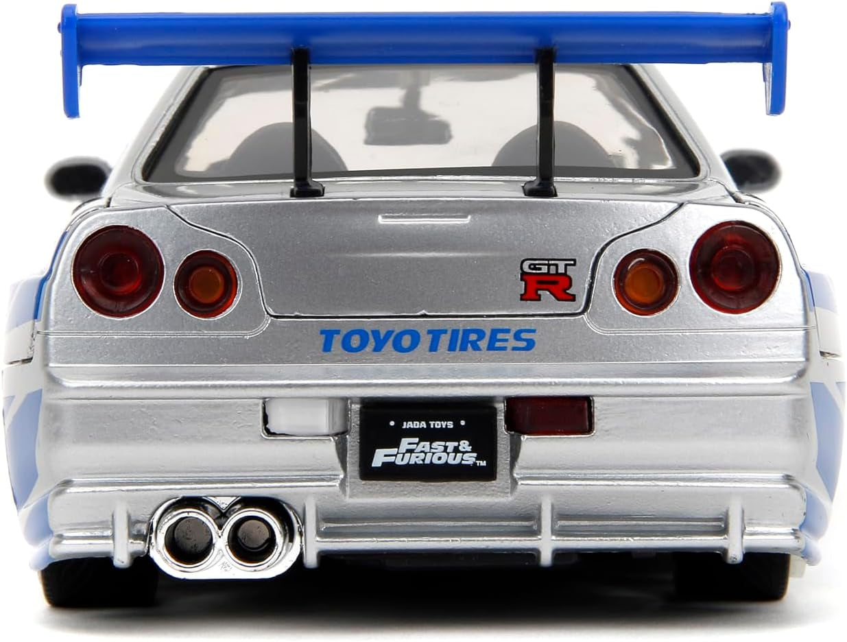 Toys Fast & Furious Brian’S 2002 Nissan Skyline R34 Die-Cast Car, 1:24 Scale, Silver & Blue