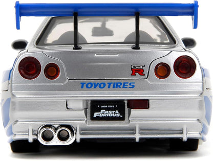 Toys Fast & Furious Brian’S 2002 Nissan Skyline R34 Die-Cast Car, 1:24 Scale, Silver & Blue