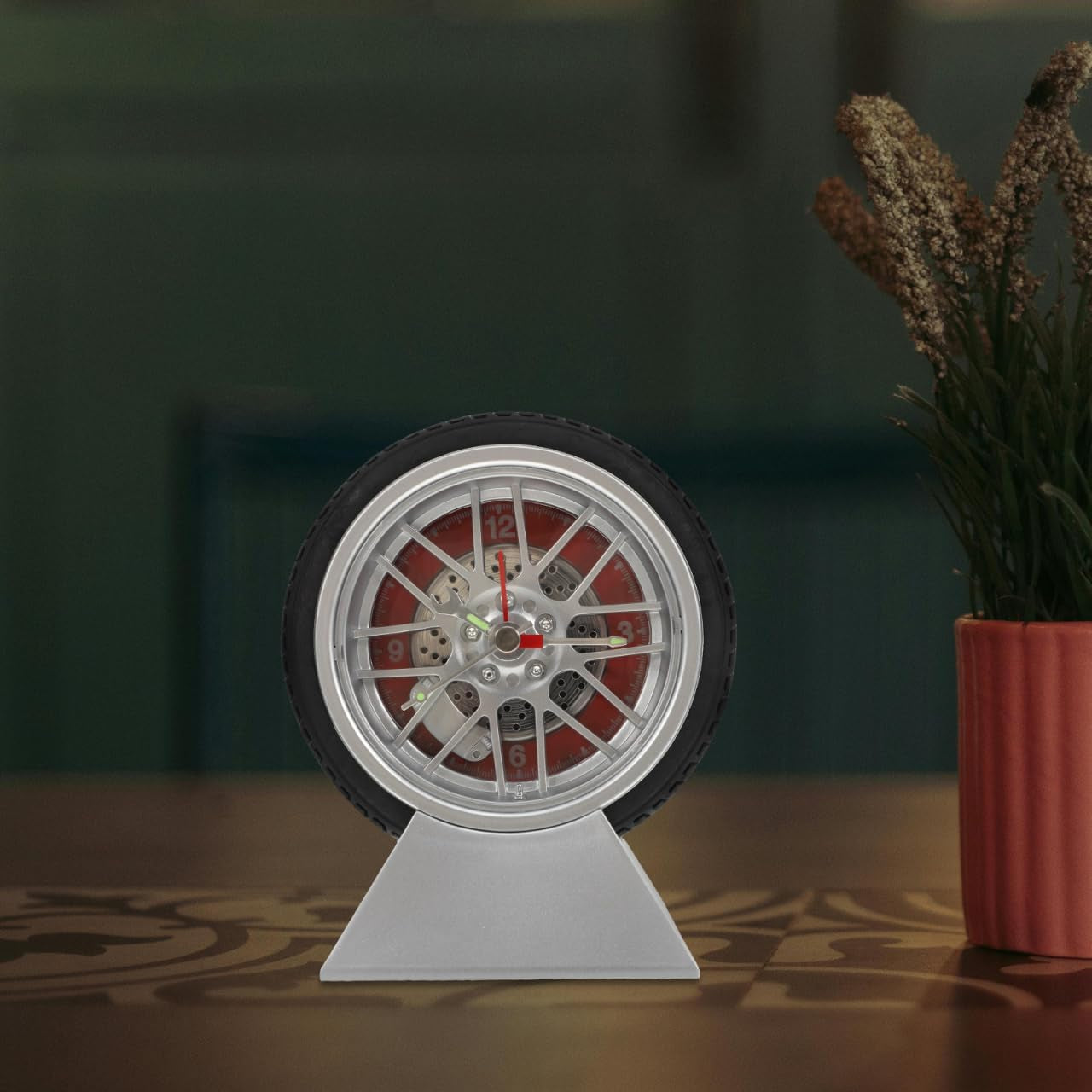 Car Tire Desk Clock with Stand Unique Tire Rim Design Compact 4.52X3.93X2.55In Quartz Movement for Bedroom Living Room Office Decor