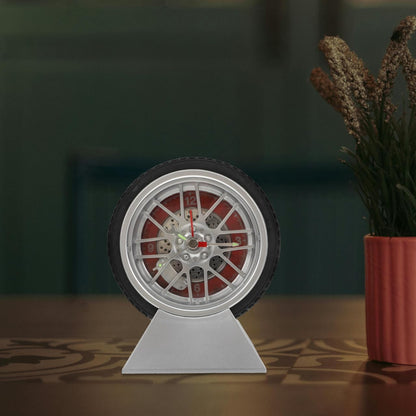 Car Tire Desk Clock with Stand Unique Tire Rim Design Compact 4.52X3.93X2.55In Quartz Movement for Bedroom Living Room Office Decor