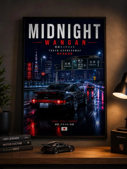 Midnight Wangan Porsche Poster | Porsche 911 Turbo Wall Art | Tokyo Expressway Print | Japanese Night Drive Decor | JDM Car Poster Gift