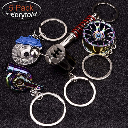 5 Pcs Car Parts Model Key Chains, Colorful Turbo Keychain, Black Manual Gearbox Keychain, Colorful Tire Rim Key Chain, Blue Brake Rotor Key Chain, Red Spring Shock-Absorber Keychains