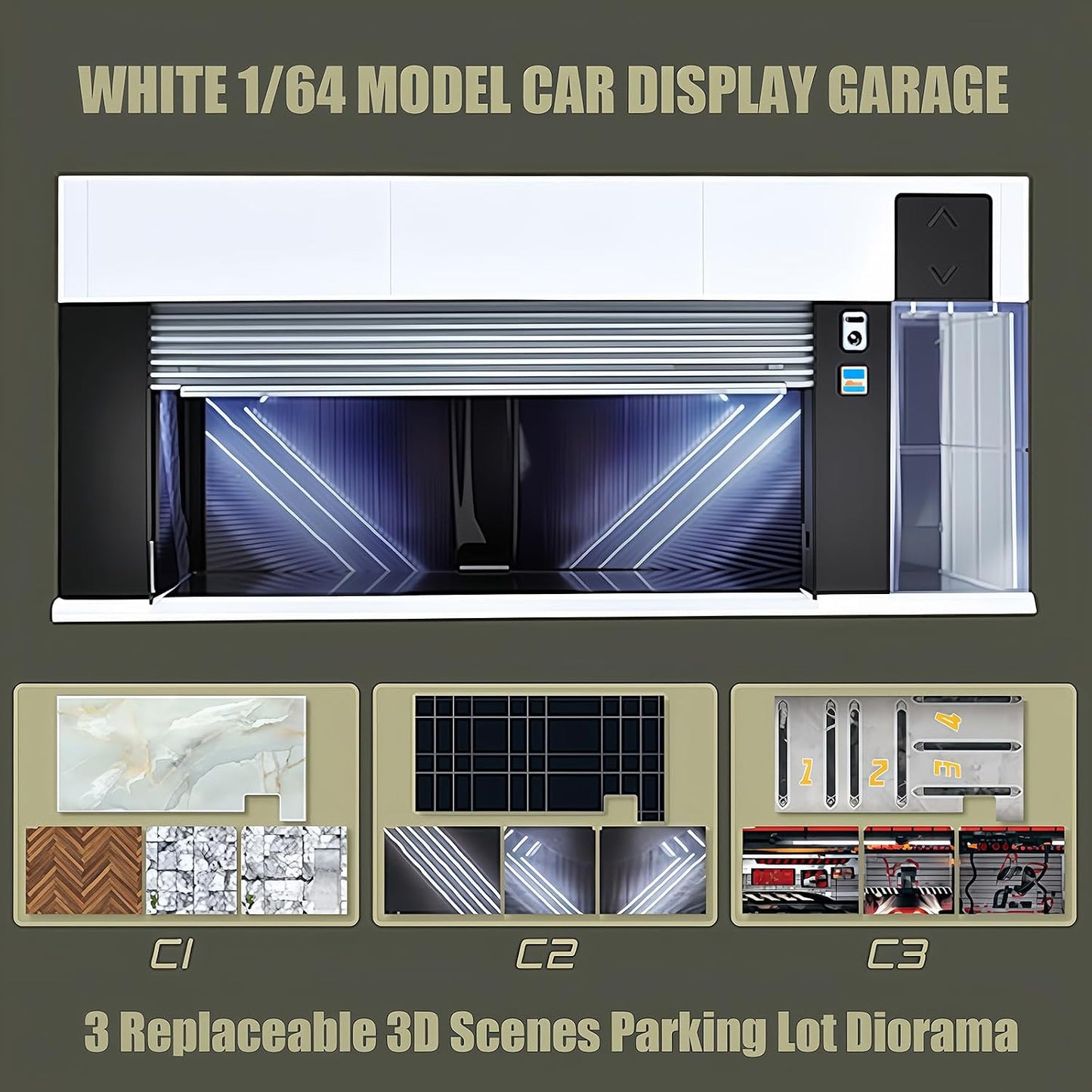 Storage for Hot Wheels 1/64 Scale Toy Car Display Case Stackable Parking Garage with Lights and Electric Voice-Control 3 Replaceable 3D Scene Dioramas (Brown)