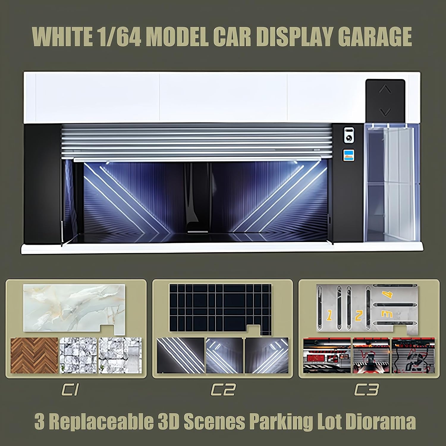 Storage for Hot Wheels 1/64 Scale Toy Car Display Case Stackable Parking Garage with Lights and Electric Voice-Control 3 Replaceable 3D Scene Dioramas (Brown)