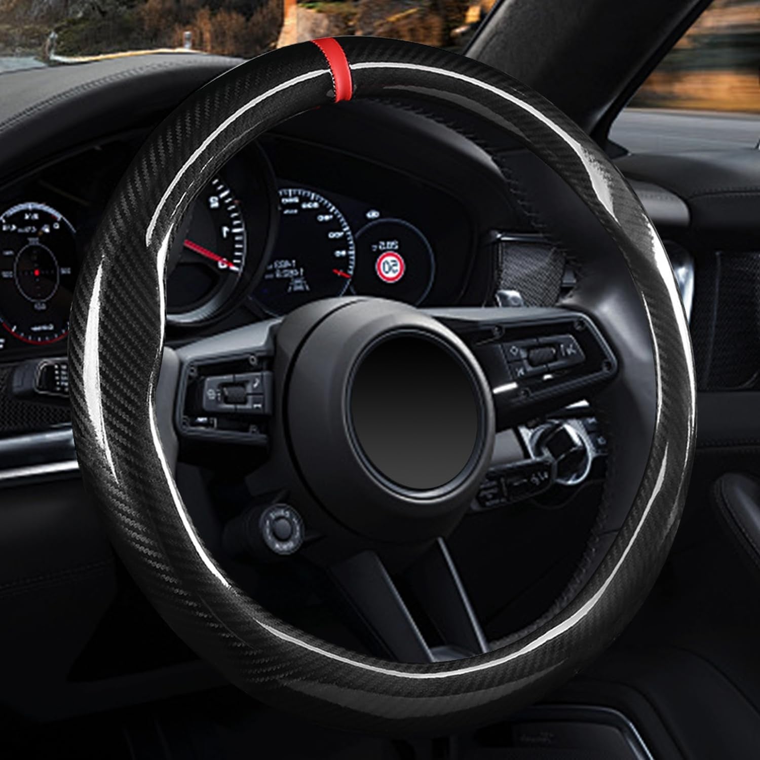 Carbon Fiber Steering Wheel Cover, Universal 15 Inch, Breathable, Anti-Slip, Warm in Winter and Cool in Summer, Black