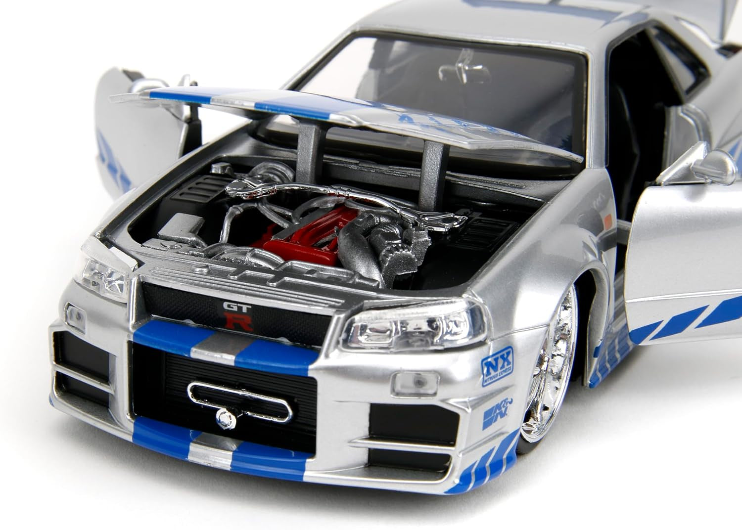 Toys Fast & Furious Brian’S 2002 Nissan Skyline R34 Die-Cast Car, 1:24 Scale, Silver & Blue