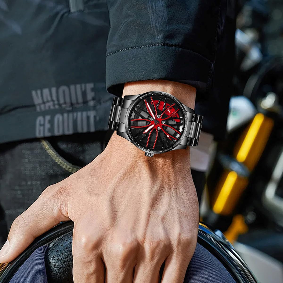 Mens Wrist Watch Creative 3D Spinning Car Wheel Rotating Watches Rim Hub Design Fashion Quartz Stylish Wristwatch with Stainless Steel Strap Gifts for Car Enthusiasts