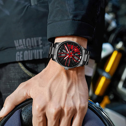 Mens Wrist Watch Creative 3D Spinning Car Wheel Rotating Watches Rim Hub Design Fashion Quartz Stylish Wristwatch with Stainless Steel Strap Gifts for Car Enthusiasts