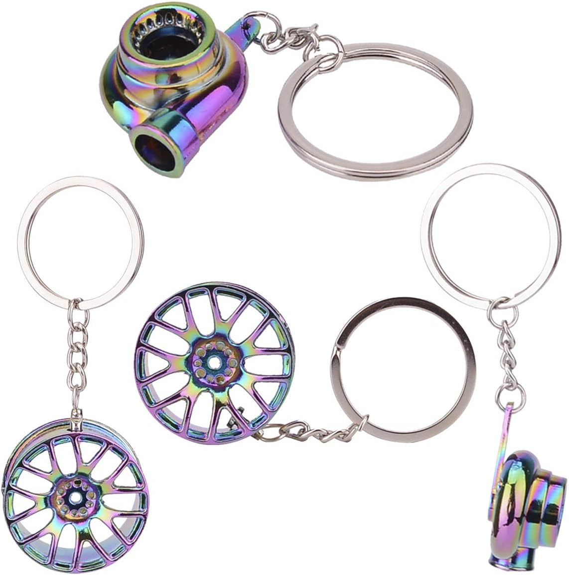 5 Pcs Car Parts Model Key Chains, Colorful Turbo Keychain, Black Manual Gearbox Keychain, Colorful Tire Rim Key Chain, Blue Brake Rotor Key Chain, Red Spring Shock-Absorber Keychains