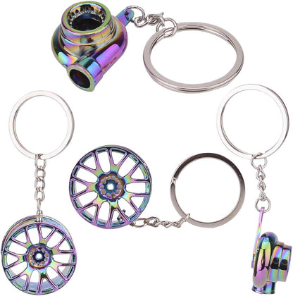 5 Pcs Car Parts Model Key Chains, Colorful Turbo Keychain, Black Manual Gearbox Keychain, Colorful Tire Rim Key Chain, Blue Brake Rotor Key Chain, Red Spring Shock-Absorber Keychains