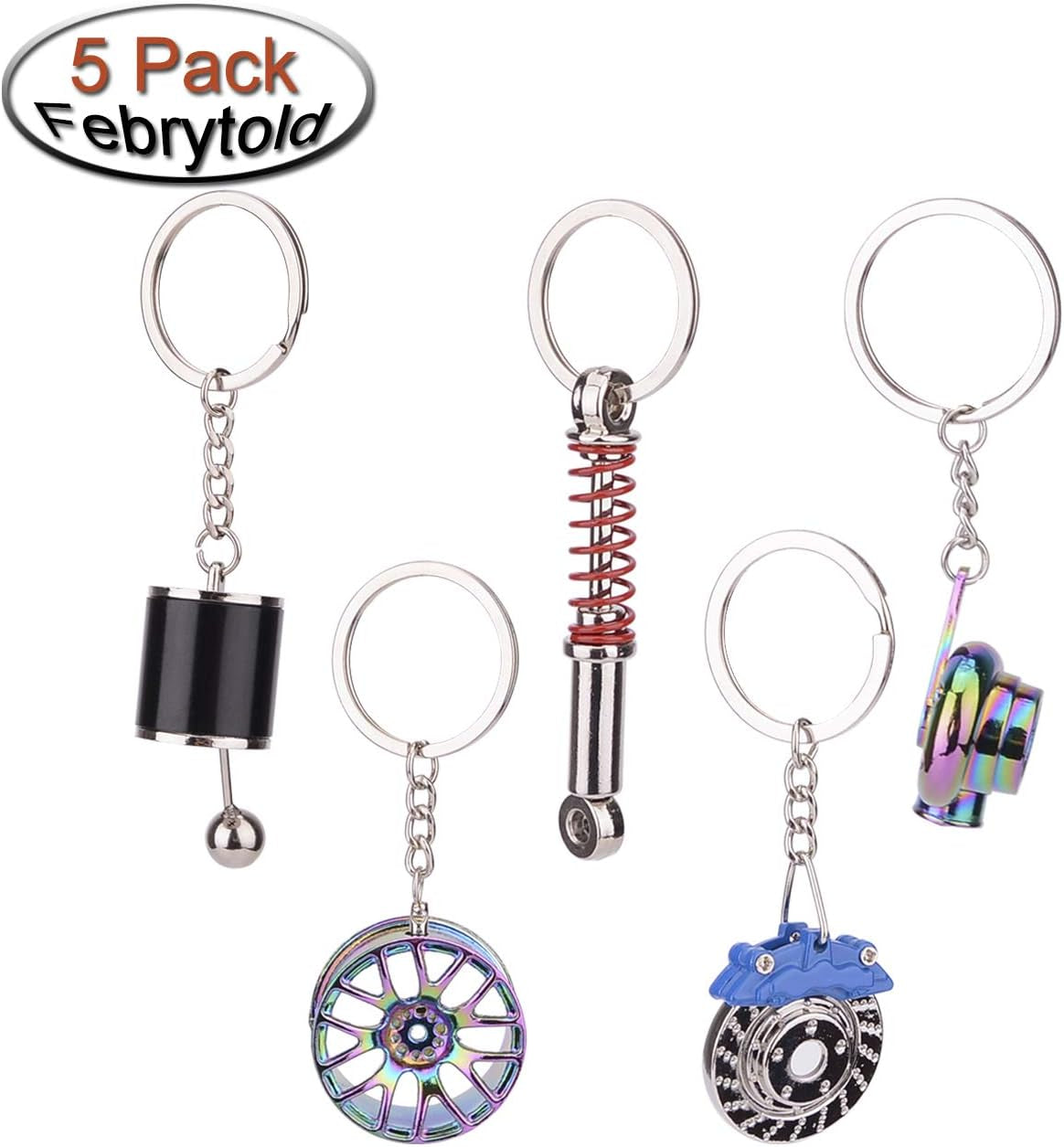 5 Pcs Car Parts Model Key Chains, Colorful Turbo Keychain, Black Manual Gearbox Keychain, Colorful Tire Rim Key Chain, Blue Brake Rotor Key Chain, Red Spring Shock-Absorber Keychains